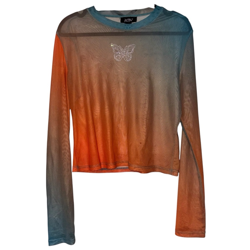 Just Polly Orange and Blue Sheer Mesh Crop Top with Rhinestone Butterfly Large